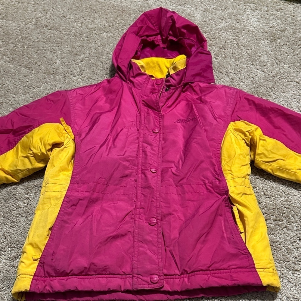 L.L. Bean Pink & Yellow Winter Jacket Thinsulate  Hooded Girls Size XS(6)